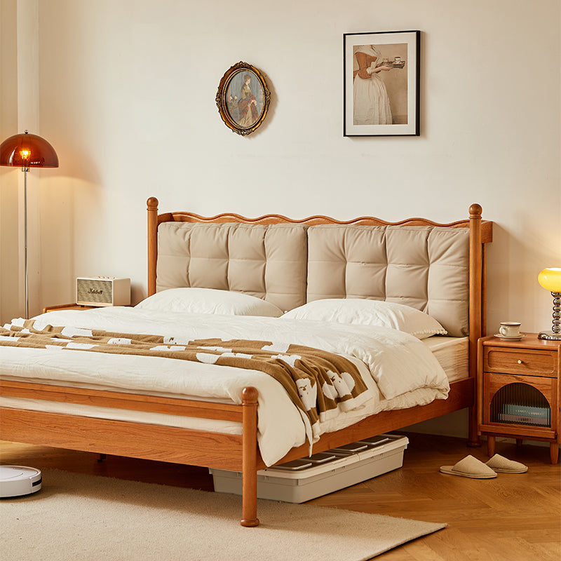 Timeless Vintage Solid Wood Master Bed with Elegant Upholstered Headboard