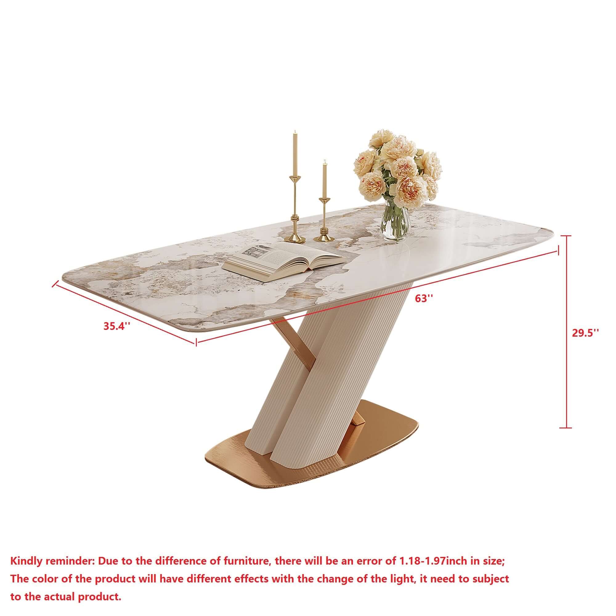White rectangular marble dining table with gold stainless steel X-base, modern design