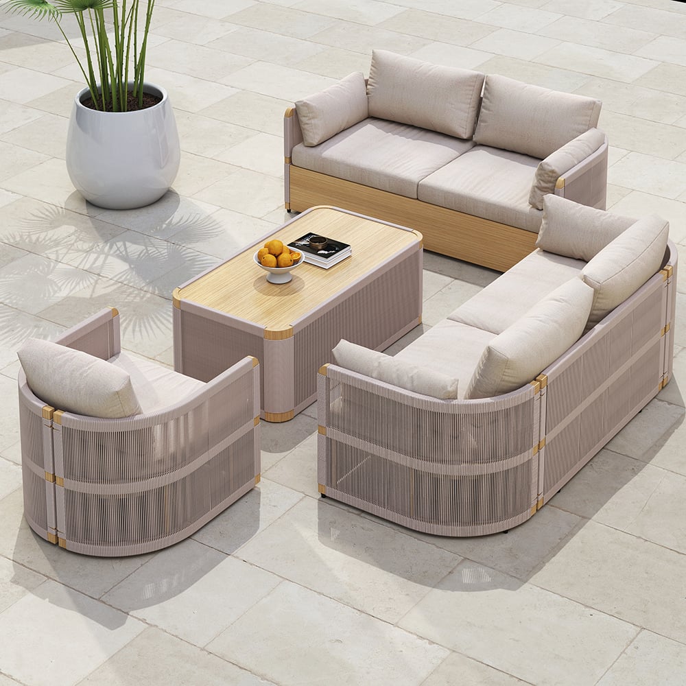 Modern outdoor swivel sofa set with aluminum frame and rope accents, includes coffee table in khaki