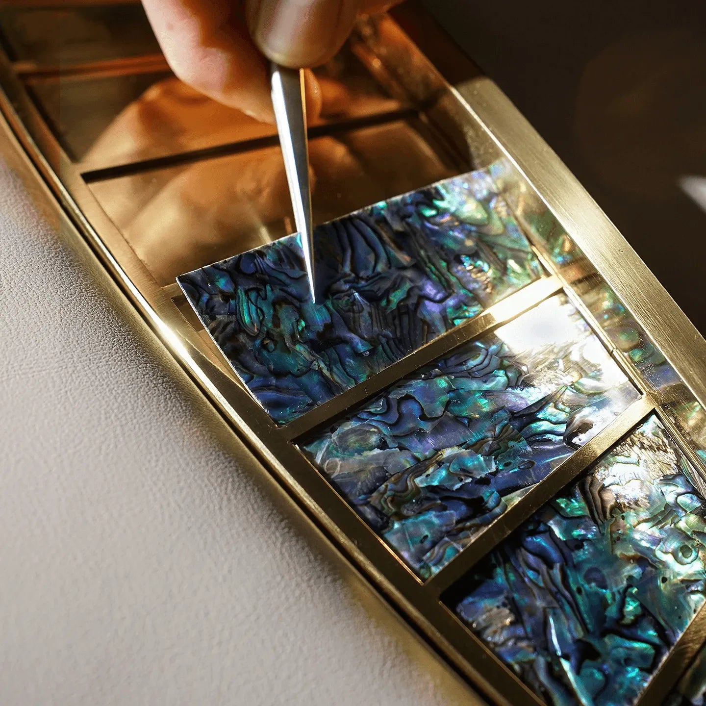 Fan-Shaped Dining Chair in Pleated Leather with Abalone Inlay Accents