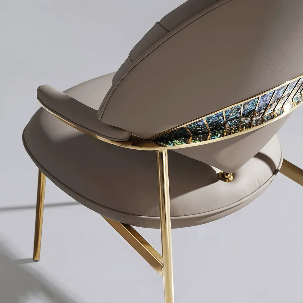 Fan-Shaped Dining Chair in Pleated Leather with Abalone Inlay Accents