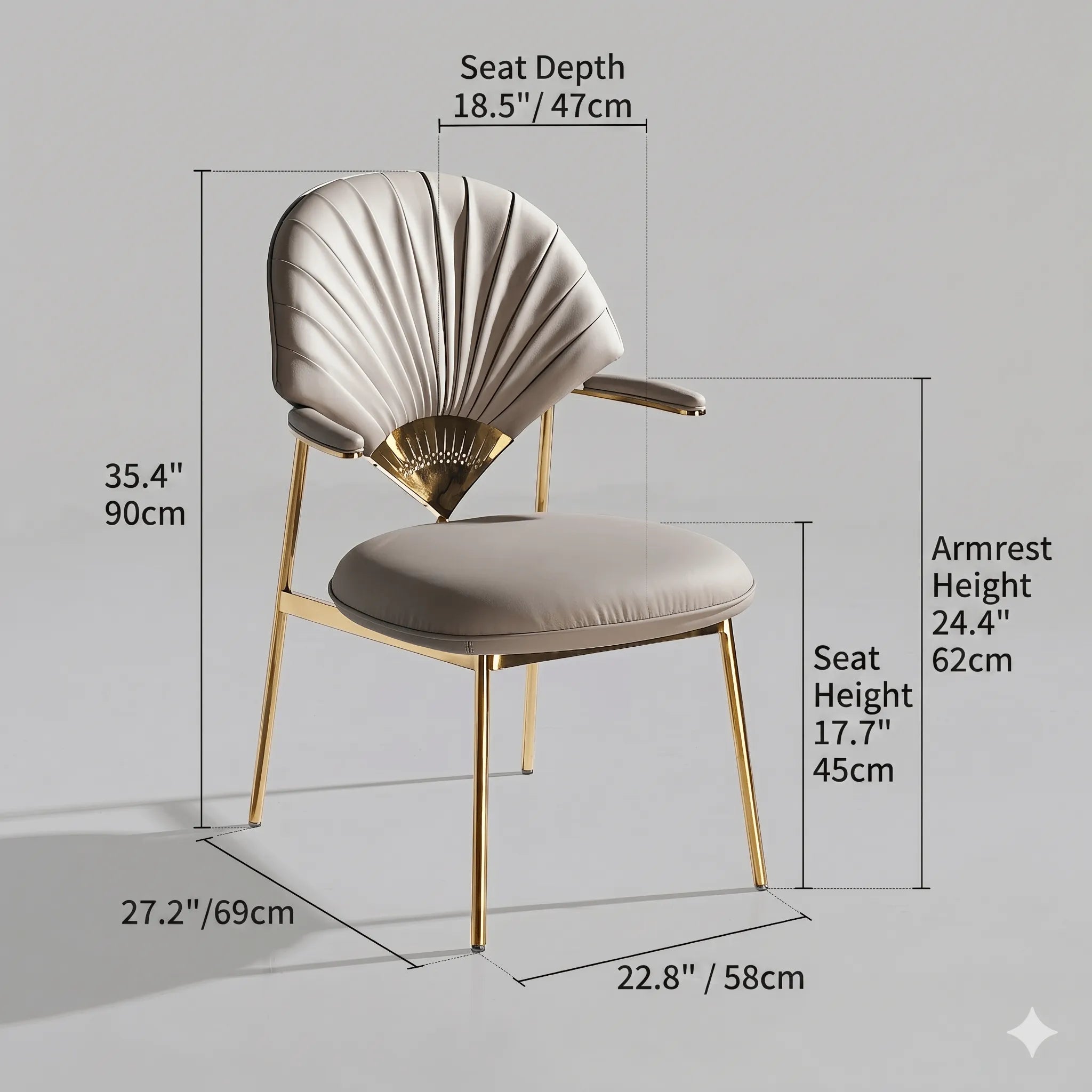 Fan-Shaped Dining Chair in Pleated Leather with Abalone Inlay Accents Dimensions