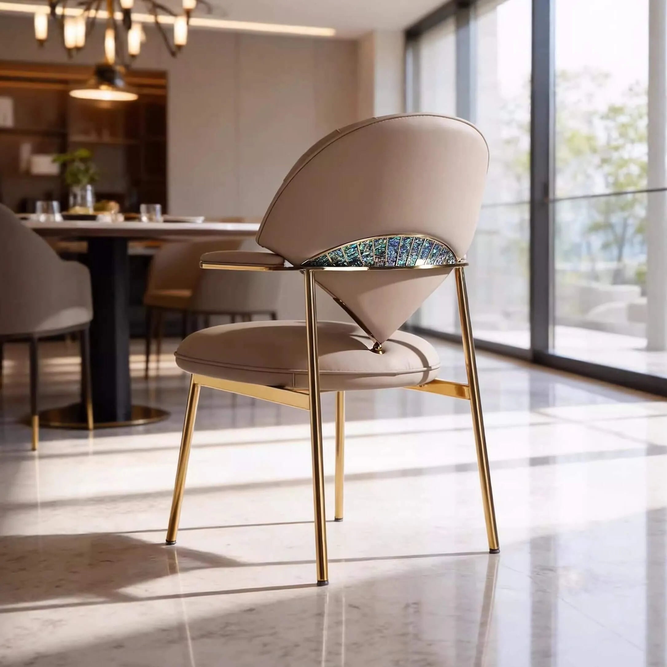 Fan-Shaped Dining Chair in Pleated Leather with Abalone Inlay Accents Main Product Image Main image