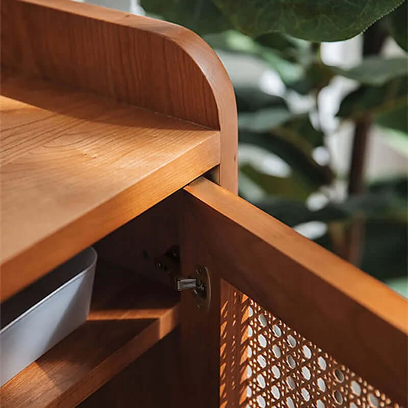 Farmhouse Rattan Shoe Cabinet With Pinewood Frame