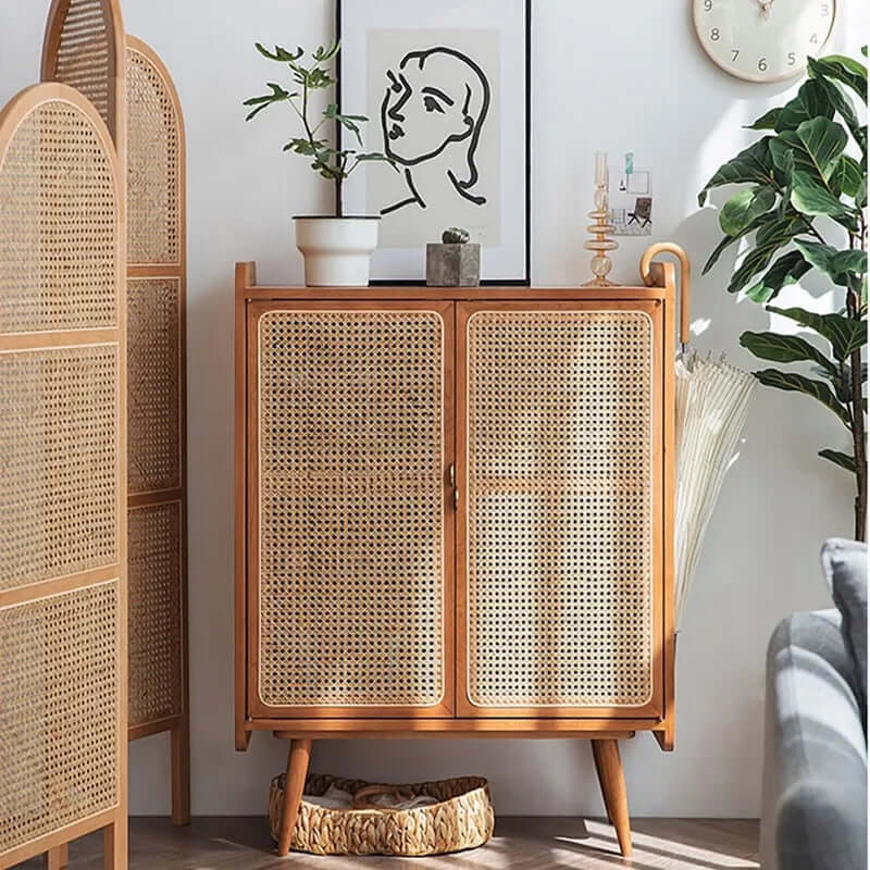 Farmhouse Rattan Shoe Cabinet With Pinewood Frame Main Product Image