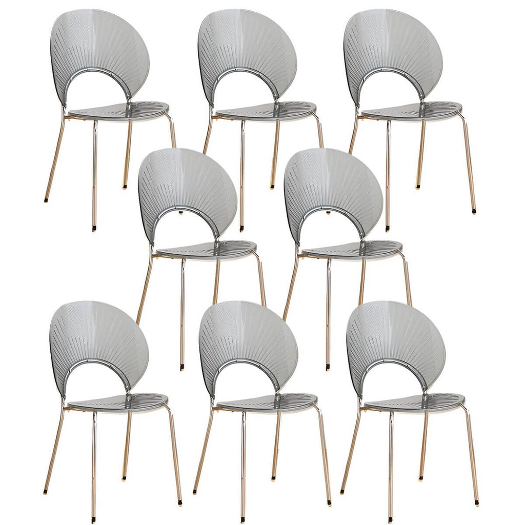 Stackable acrylic dining chair with open back and metal legs, armless design for modern dining rooms