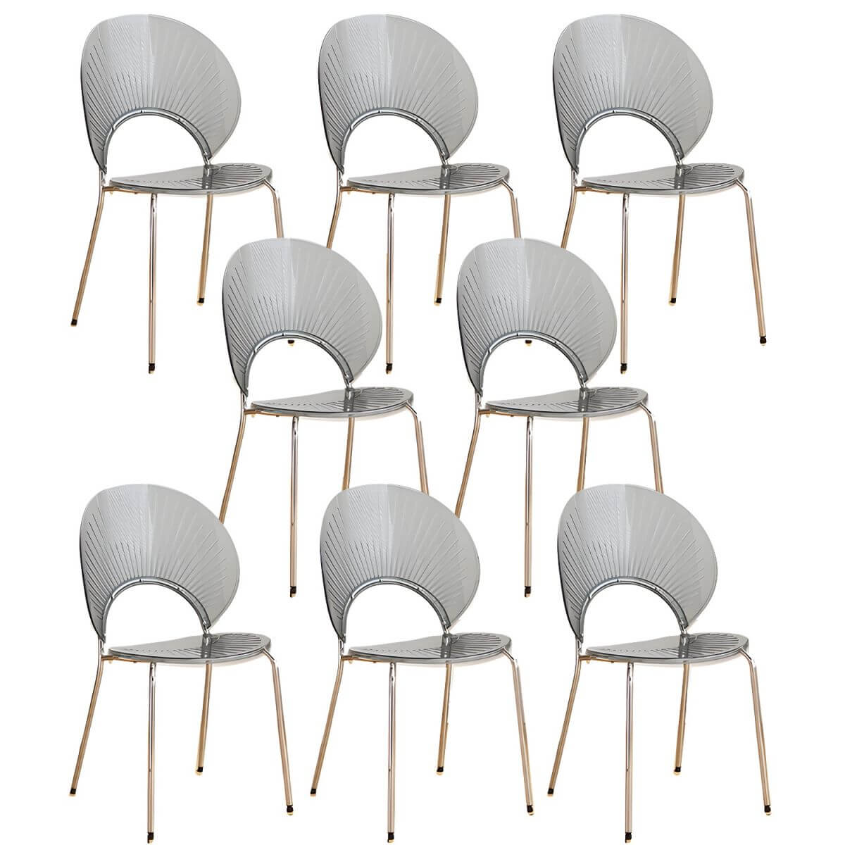 Stackable acrylic dining chair with open back and metal legs, armless design for modern dining rooms