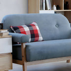 Black Scandinavian style small sofa with wood frame and faux leather upholstery