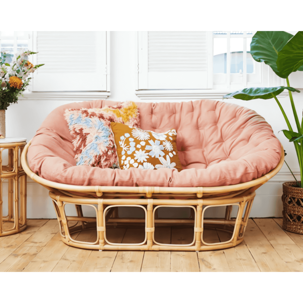 Cozy natural rattan papasan chair available in single or double size for comfortable lounging