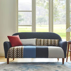 Farmhouse wood sofa with patchwork polyester blend upholstery and foam seat fill