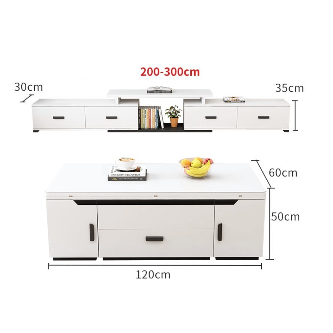 White lift-top coffee table with storage and stools, perfect for compact living spaces
