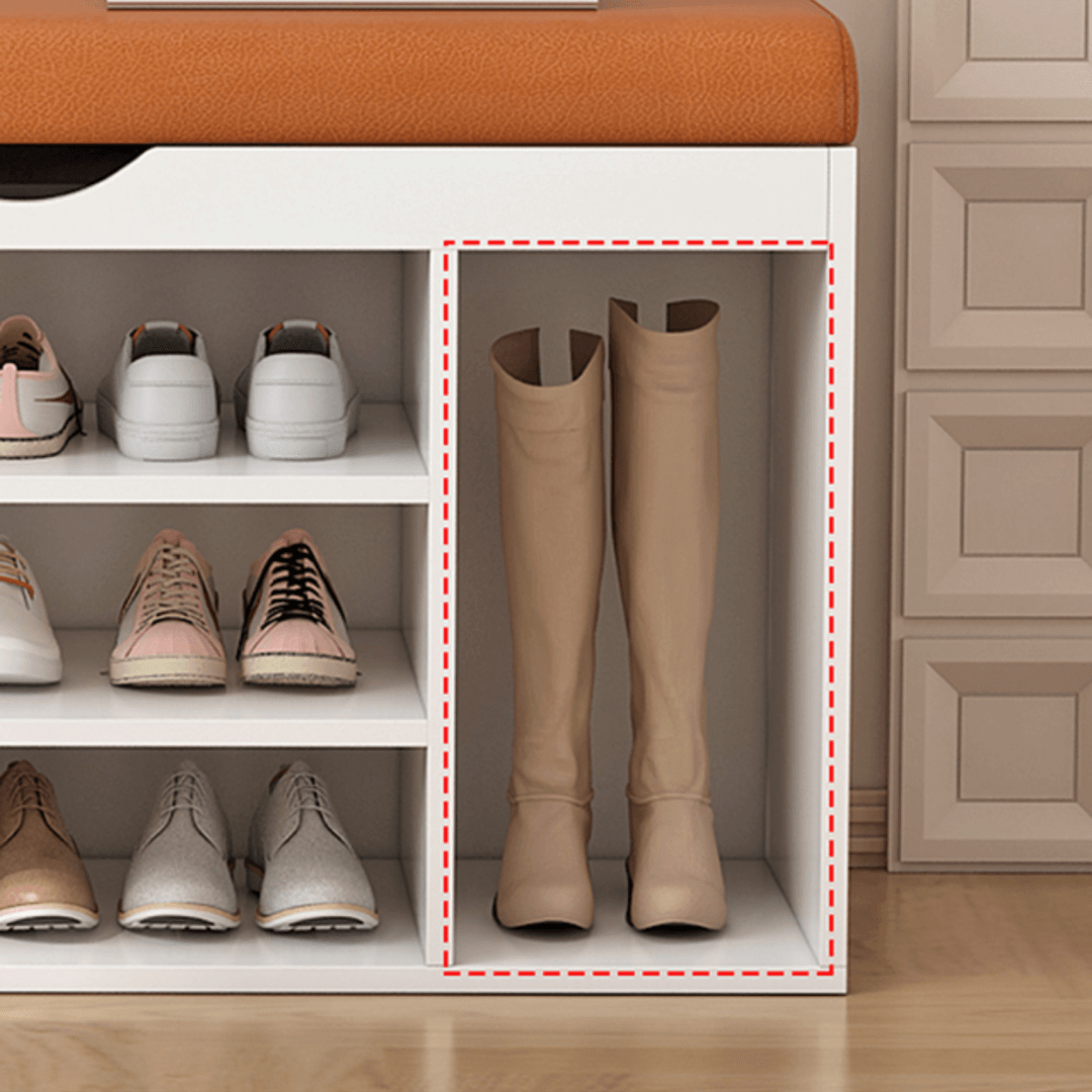 Modern white and orange shoe bench with upholstered seat and space-saving storage
