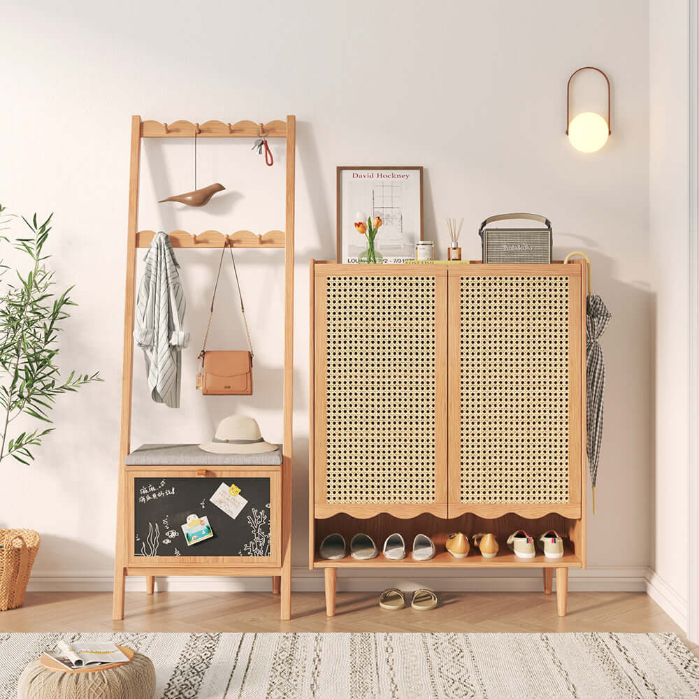 Wooden shoe cabinet featuring woven rattan doors for stylish and practical storage