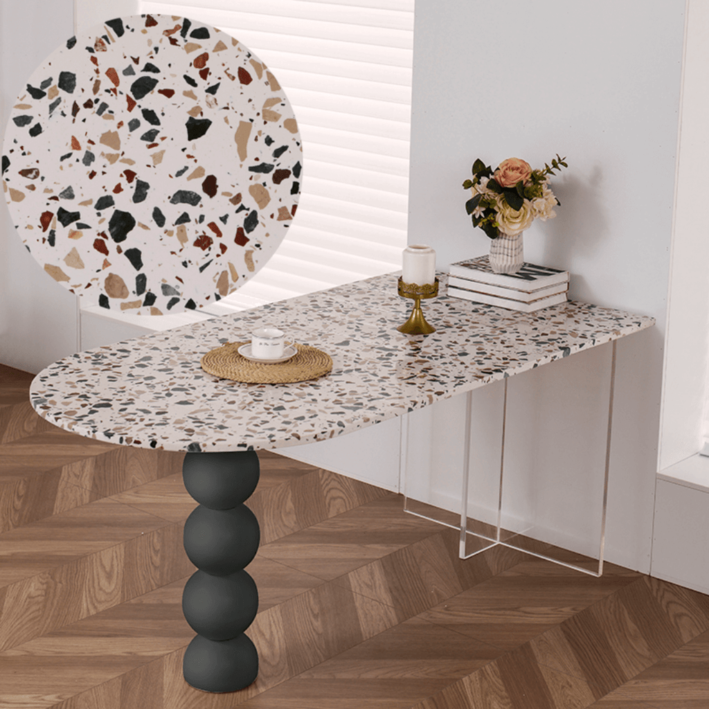 Half-elliptical terrazzo dining table with multicolor mosaic design, durable and stylish