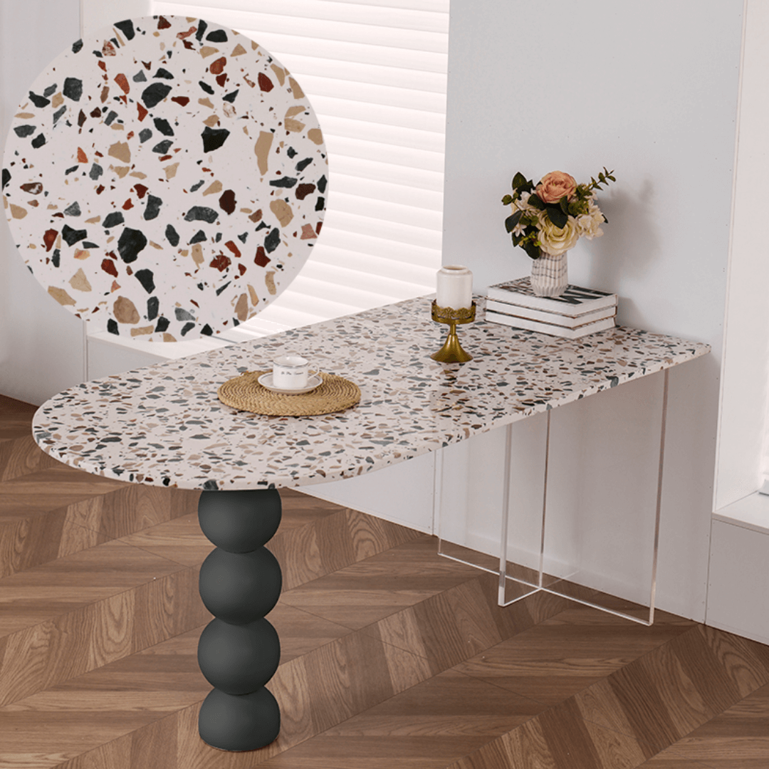 Half-elliptical terrazzo dining table with multicolor mosaic design, durable and stylish