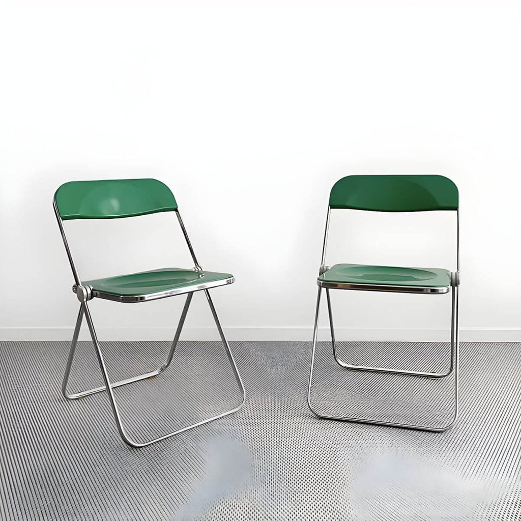 Contemporary acrylic folding armless chair with open back, ideal for dining rooms