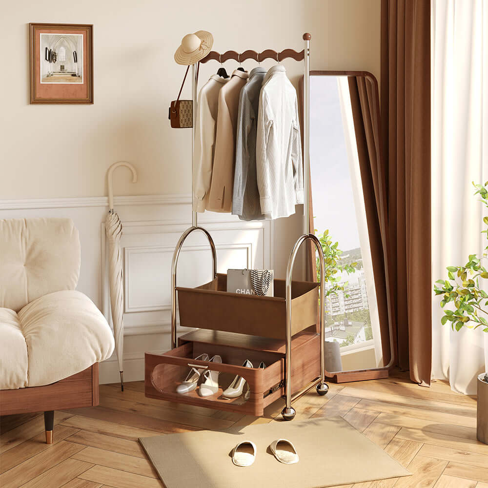 Mobile freestanding clothes rack with bottom storage for organizing garments efficiently