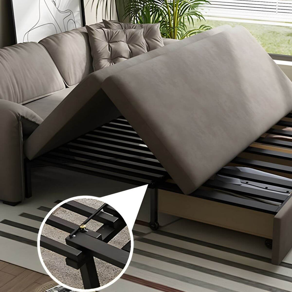 Gray Scandinavian sofa bed with fabric upholstery and coir faux leather sleeper, 69 inches long