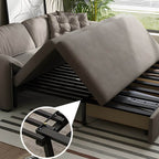 Gray Scandinavian sofa bed with fabric upholstery and coir faux leather sleeper, 69 inches long