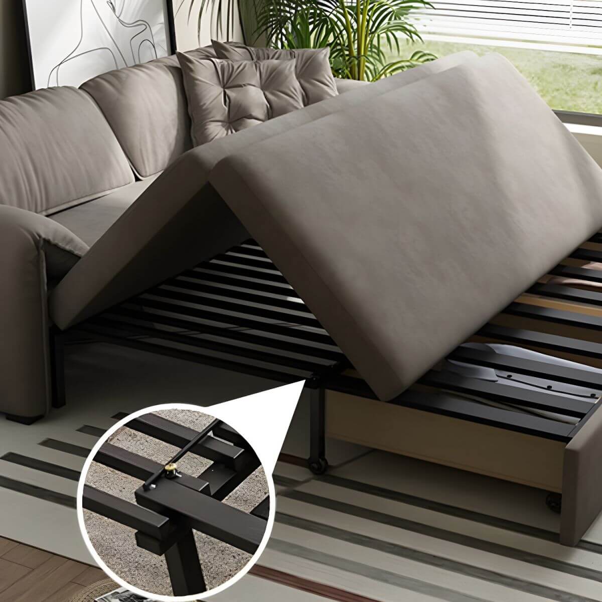 Gray Scandinavian sofa bed with fabric upholstery and coir faux leather sleeper, 69 inches long