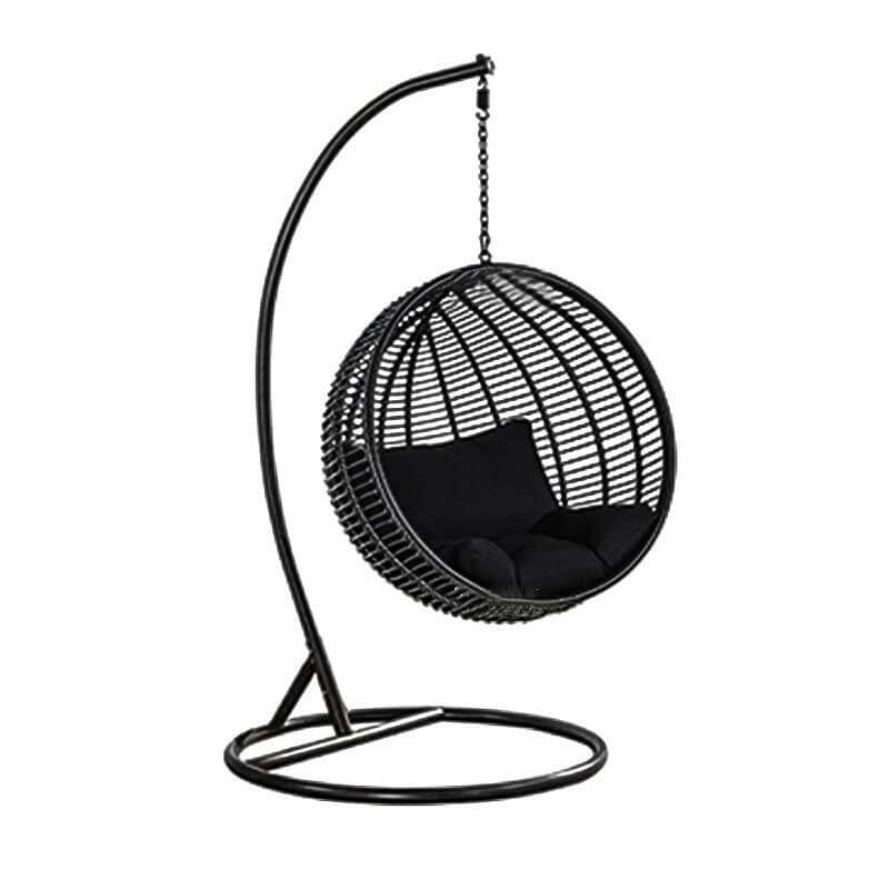 Climate-resistant metal porch swing with cushions, chain, and stand in unfinished color