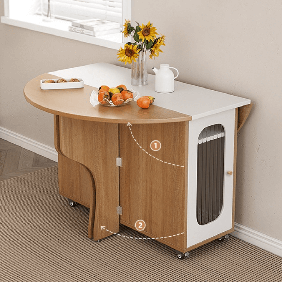 Round folding dining table with marble texture, perfect for small homes and space-saving design