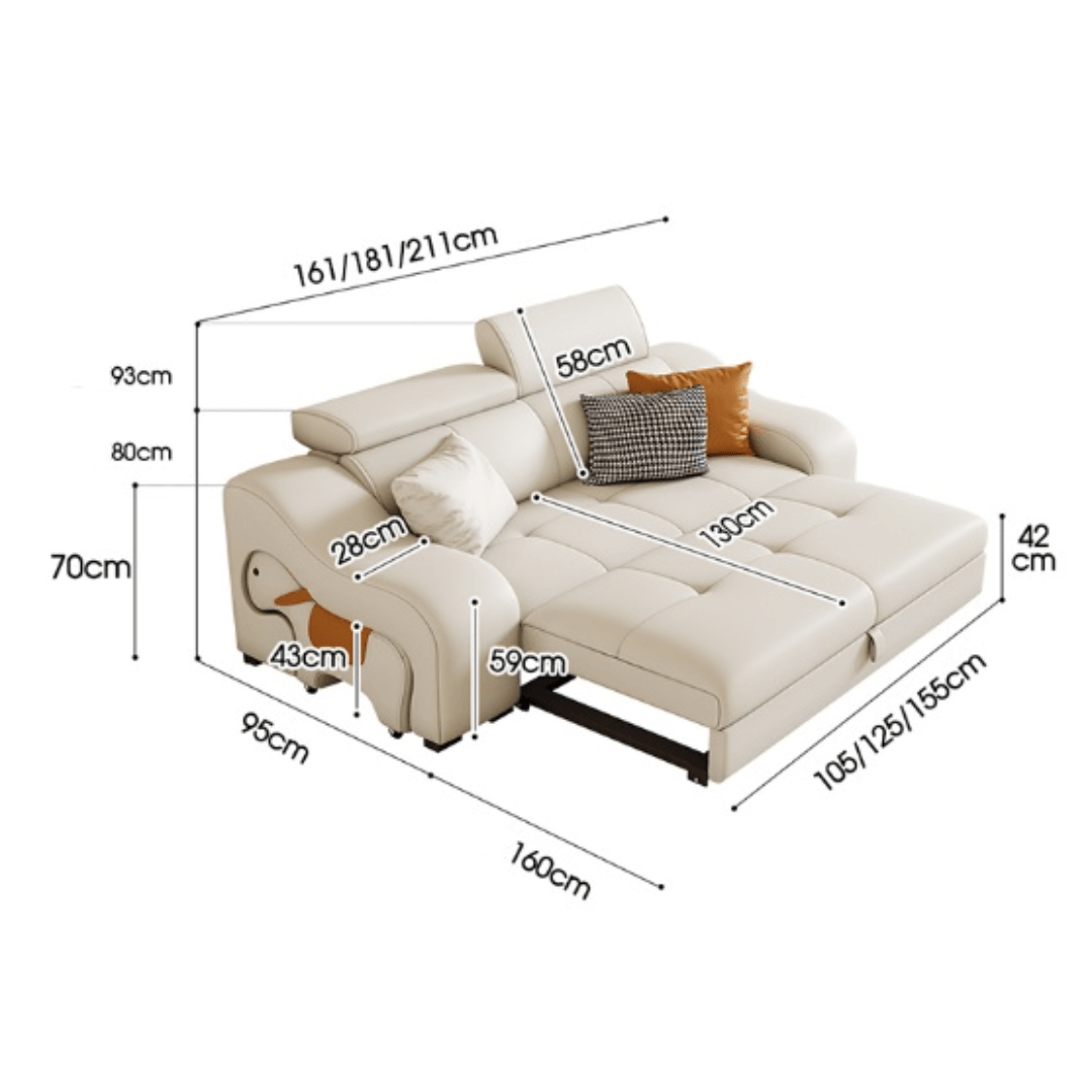 Space-saving sofa bed with a cute pony stool, perfect transformable furniture for small spaces