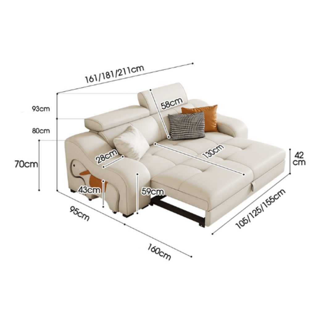 Space-saving sofa bed with a cute pony stool, perfect transformable furniture for small spaces