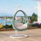 Pink metal 2-seater porch swing with stand, chain, and cushions for outdoor seating