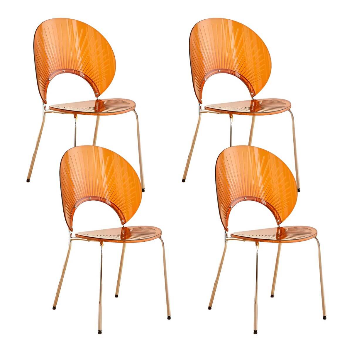 Stackable Scandinavian style dining chair with plastic seat, acrylic back, and silver legs