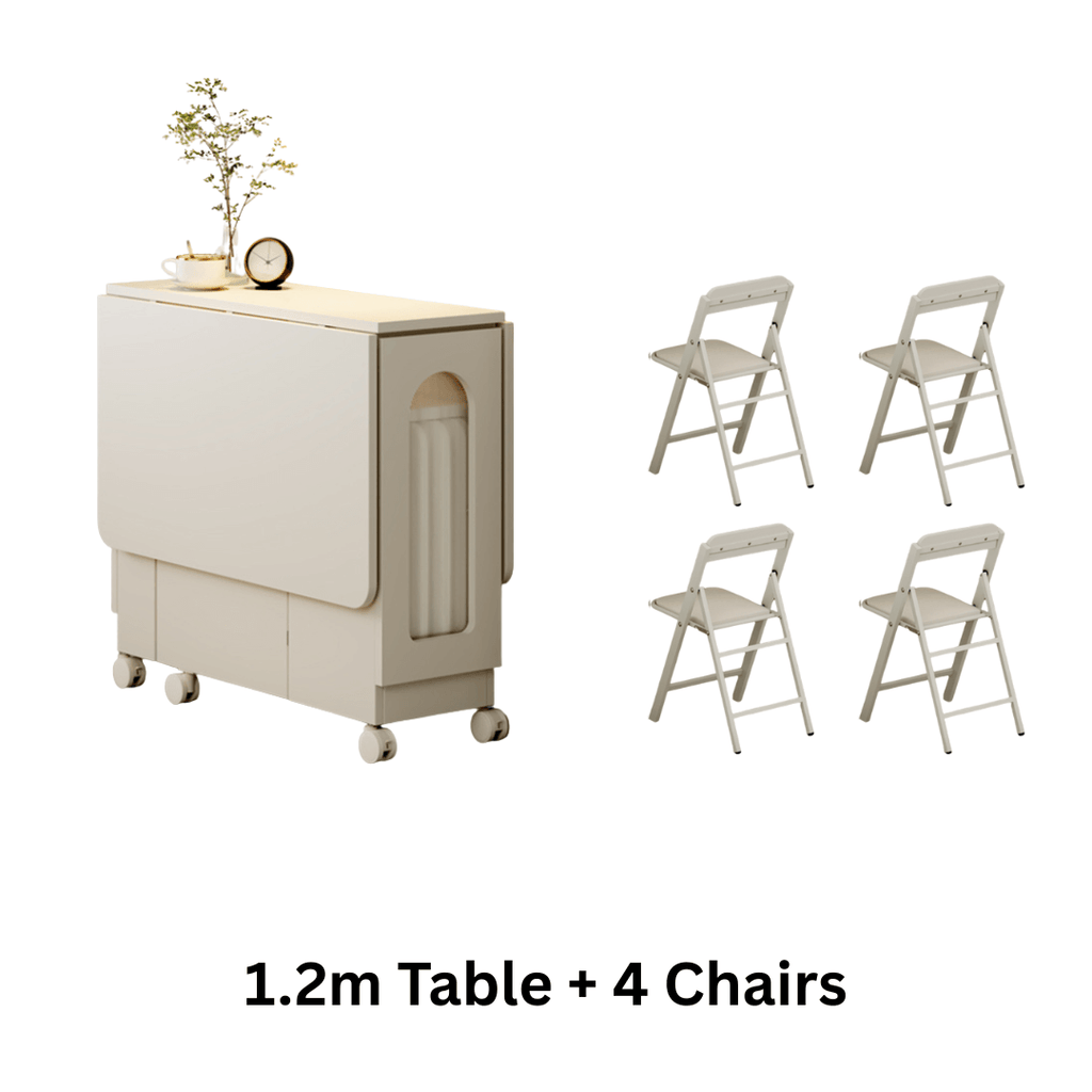Cream foldable dining table with wheels, minimalist design, easy to assemble