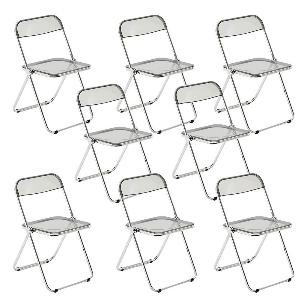 Scandinavian style dining chair with silver metal legs and plastic acrylic seat