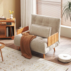 Beige Folding Sofa Bed Convertible Cotton & Linen