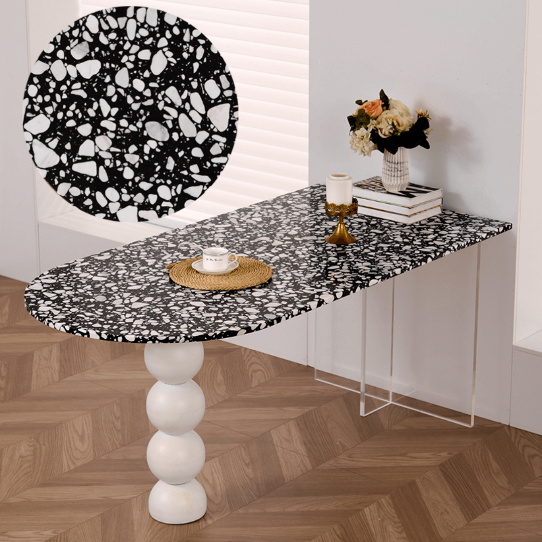 Half-elliptical terrazzo dining table with multicolor mosaic design, durable and stylish