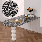 Half-elliptical terrazzo dining table with multicolor mosaic design, durable and stylish