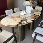 Oval marble top dining table seating 6-8 with multicolor finish