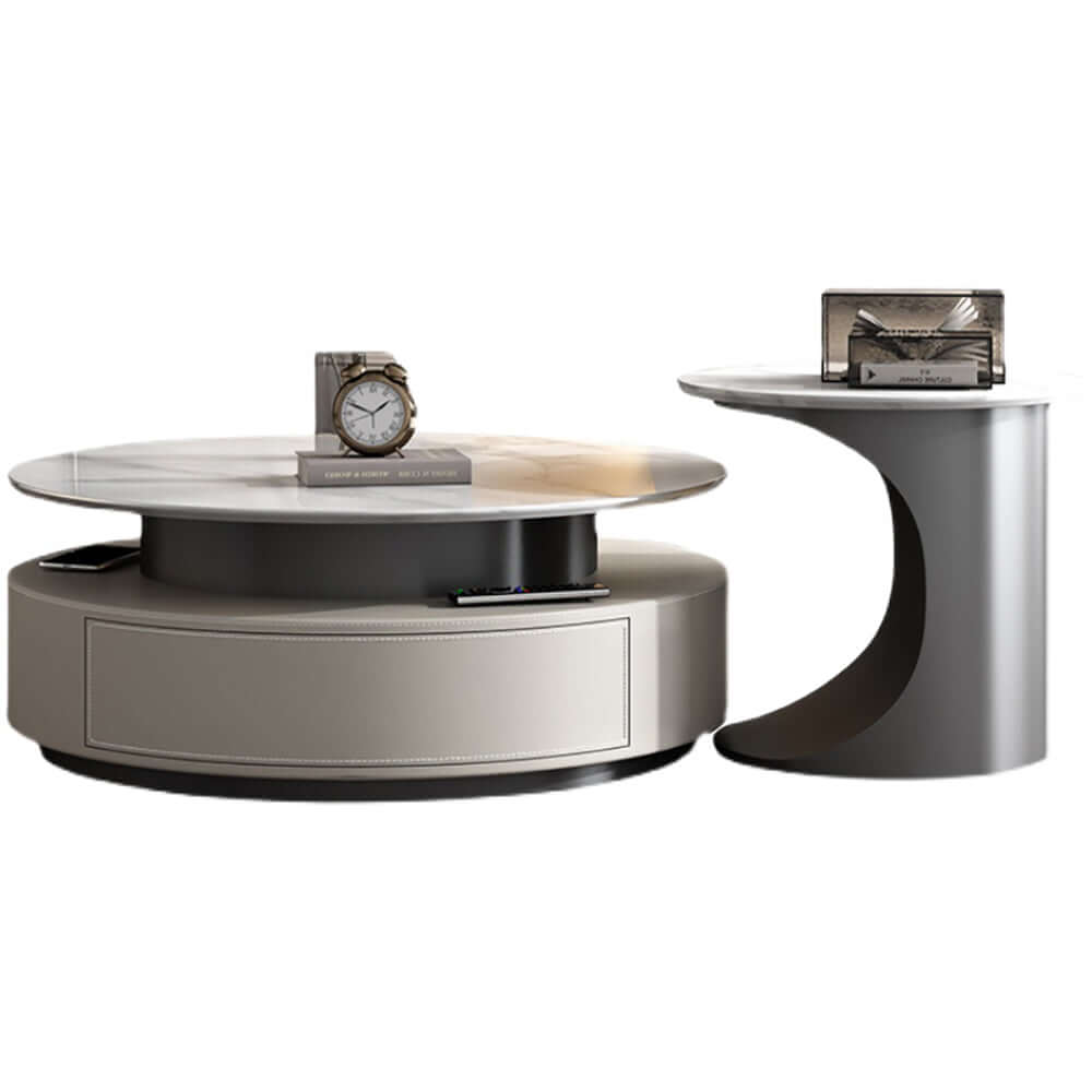 Modern high-low round coffee table set with luxury slate top and storage drawers
