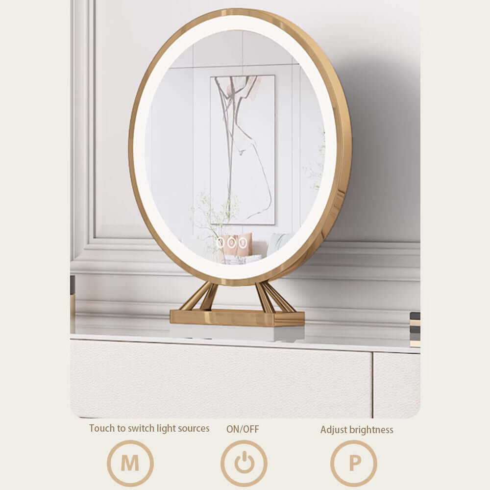 Beige dressing table set with drawers, stool, and mirror for makeup and vanity