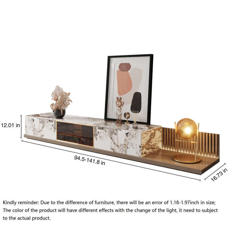 Extendable modern TV stand with storage drawers, fits TVs up to 85 inches