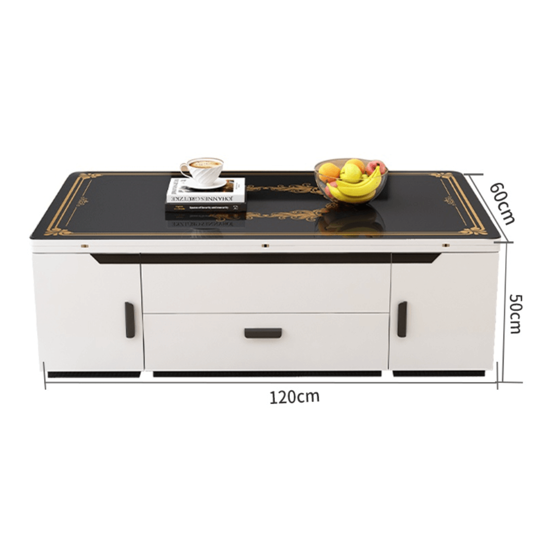 White lift-top coffee table with storage and stools, perfect for compact living spaces