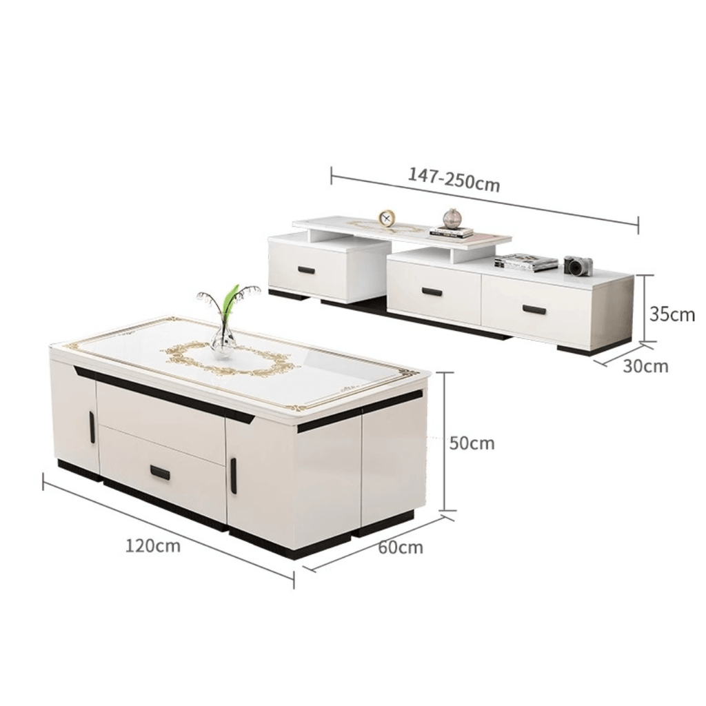 White lift-top coffee table with storage and stools, perfect for compact living spaces