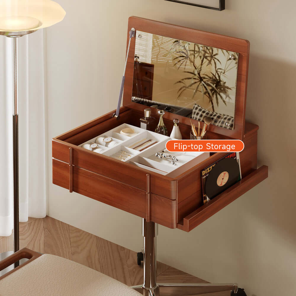 Small vintage-style solid wood vanity table with movable flip-top mirror for bedroom