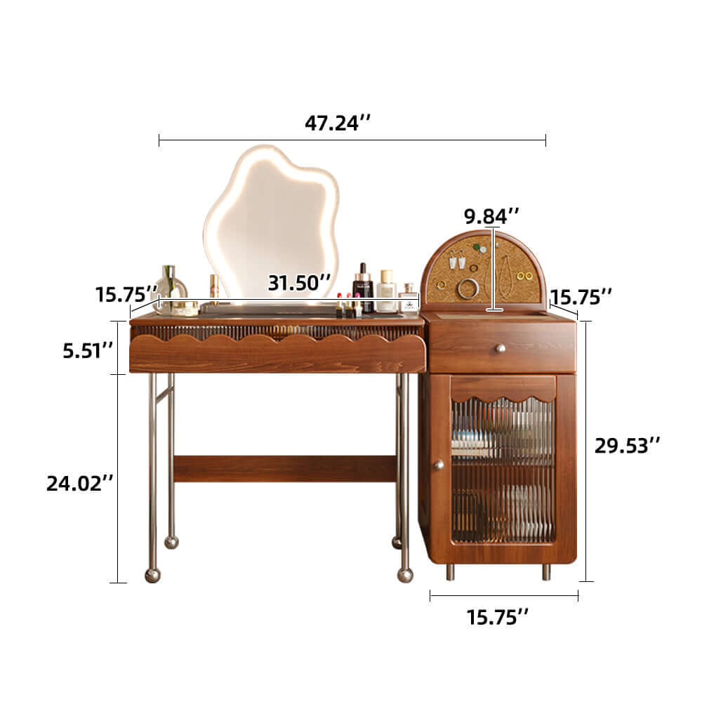 Solid wood makeup table with cabinet and LED mirror, freely combinable for personalized setup