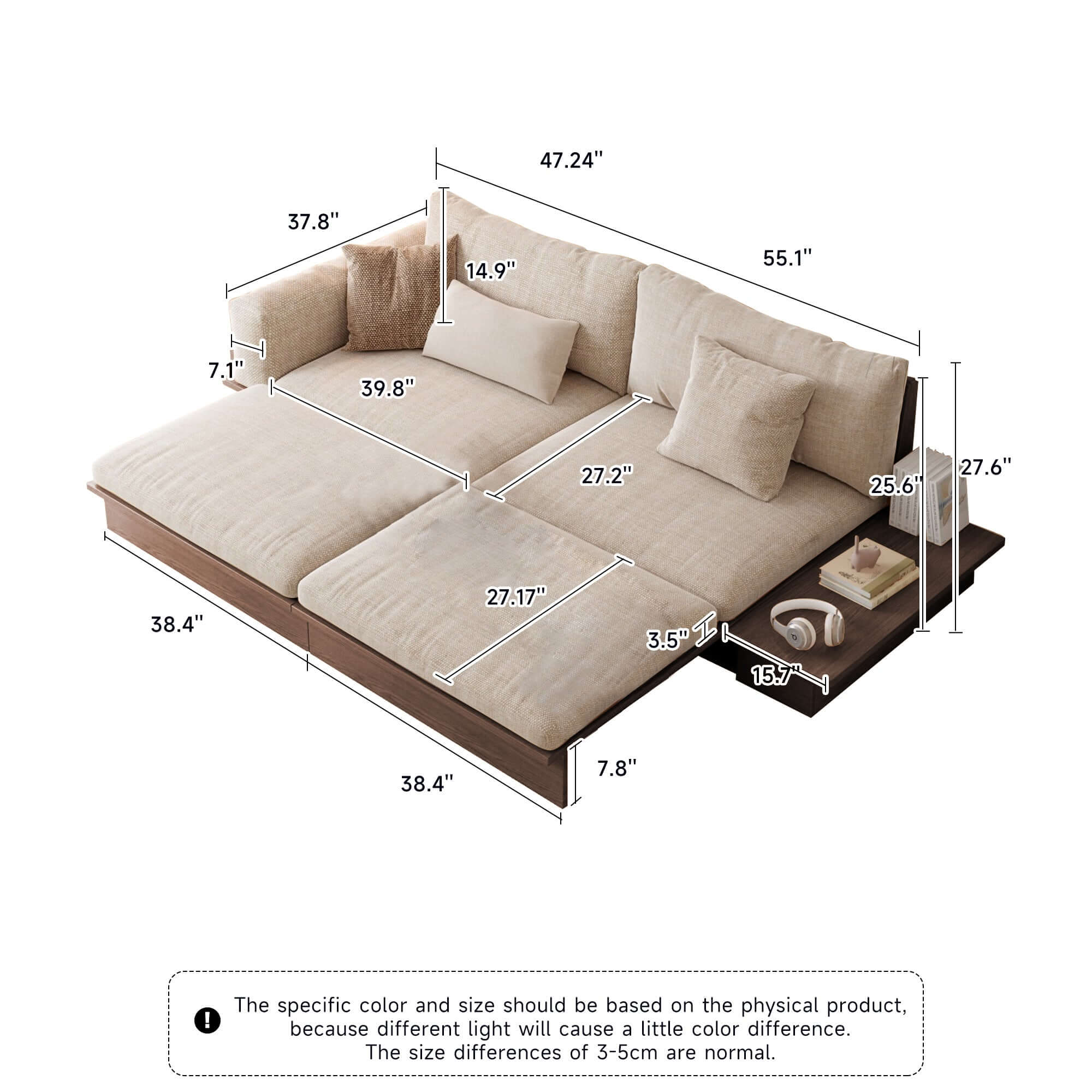 Modern pull-out floor sofa bed with reversible armrests and lift-top storage for space-saving comfort