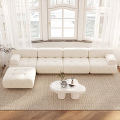 Modernes L-förmiges, modulares, weißes Ecksofa aus Bouclé-Sofa mit Holzbeinen