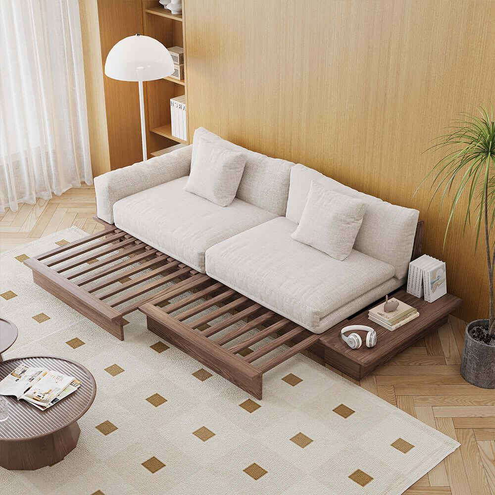 Cocochairs Floor Platform Wood Frame Sofa Bed – Reversible Armrests, Corduroy or Linen-Blend Upholstery