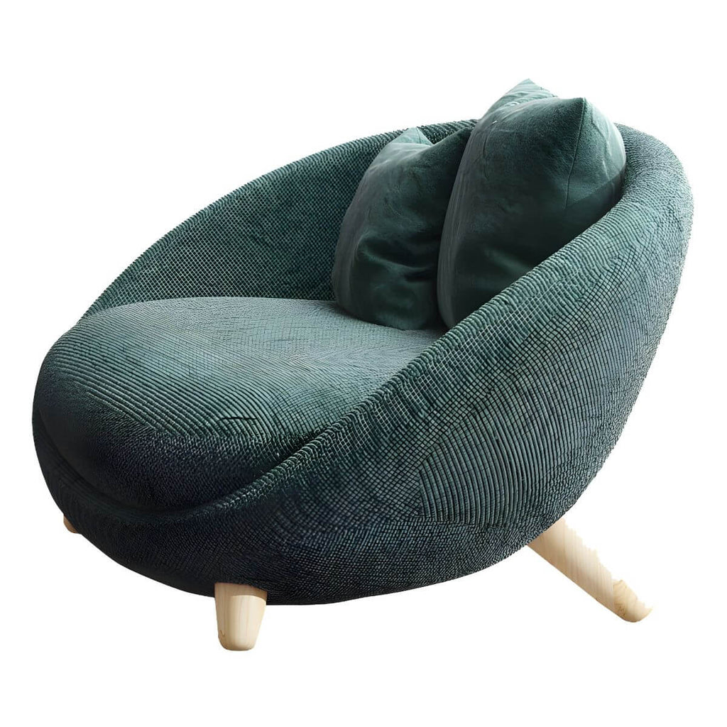 Scandinavian papasan chair with fixed back, sloped arms, cotton blend fabric, and 2 pillows