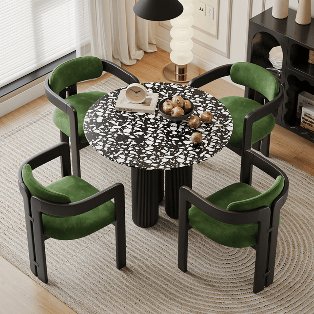 Small space dining set with terrazzo table and luxurious velvet seats