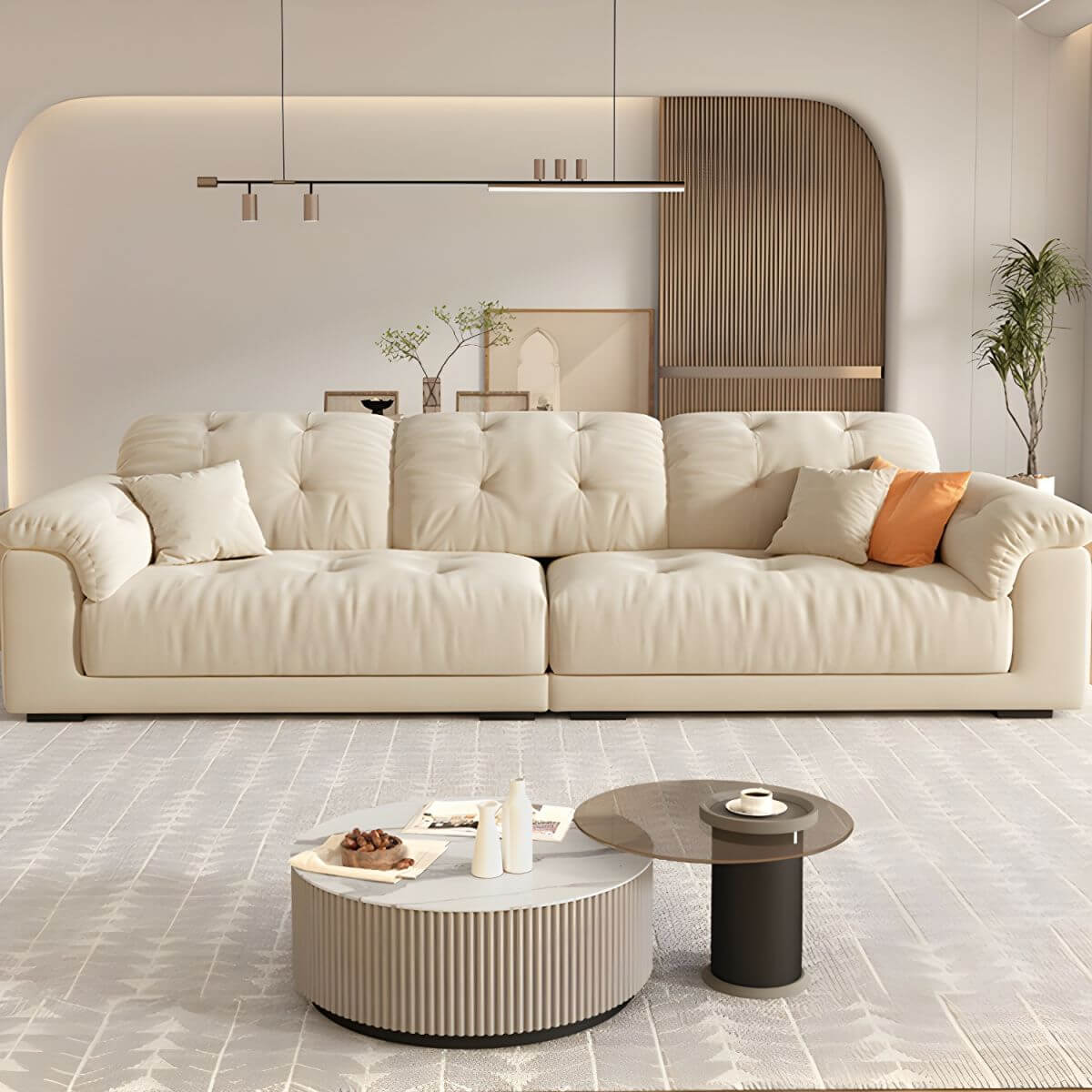 Beige polyester blend sofa with tufted back and pillow top arms, modern and comfortable seating