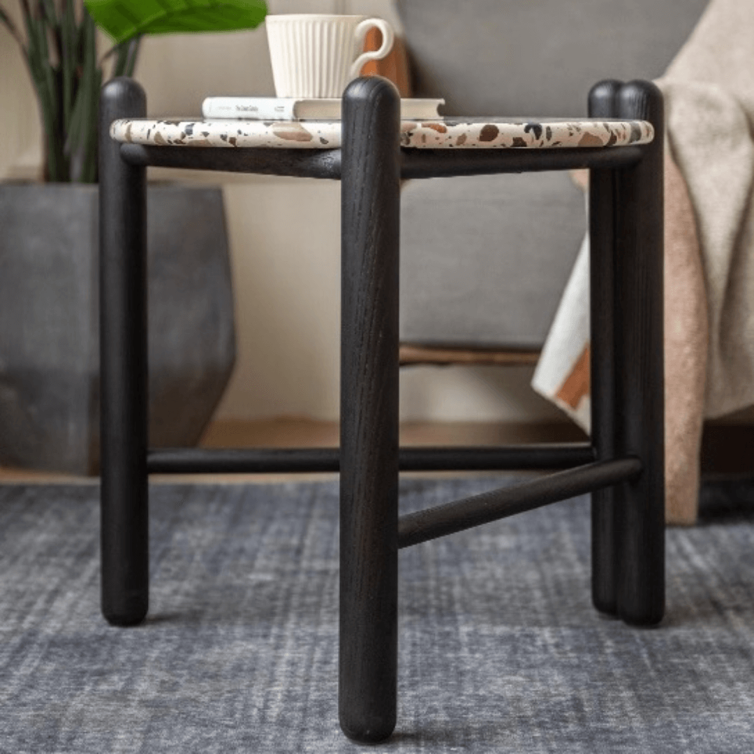 Contemporary terrazzo side table with unique patterns and easy maintenance